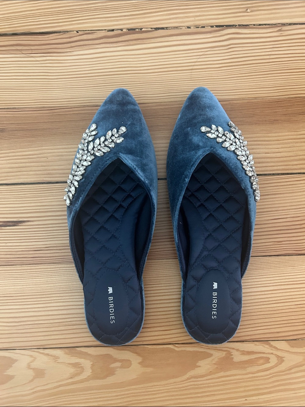 Birdies The Swan Blue Velvet Crystal-Embellished Pointed Mules